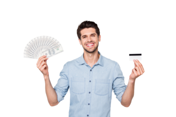 Photo of kind friendly freelancer ready to share most profitable ways of freelancing with you smiling toothily isolated over grey color background