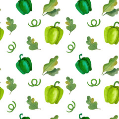 Seamless watercolor pattern with vegetables. Illustration pepper, eggplant, tomato, carrot, hand drawn. Vegetarian diet food with vitamins, for cooking delicious dishes and healthy food.