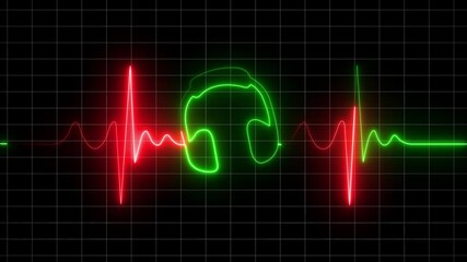 a neon design of headphones illuminated in bright red. Within the ear cups, there is a stylized yellow heartbeat line that mimics a heart rate monitor .neon headphones and heartbeat.