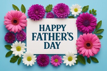 fathers day background with flowers leaves and white card on blue table