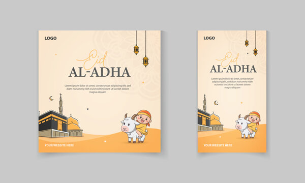 Eid Al Adha mubarak social media post and story template with cute sheep, mandala, lantern, masjid
