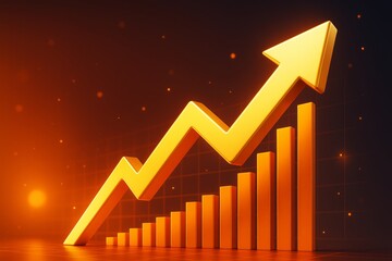 Bright yellow upward arrow and bar chart symbolizing business growth and success on glowing abstract orange background with light particles.
