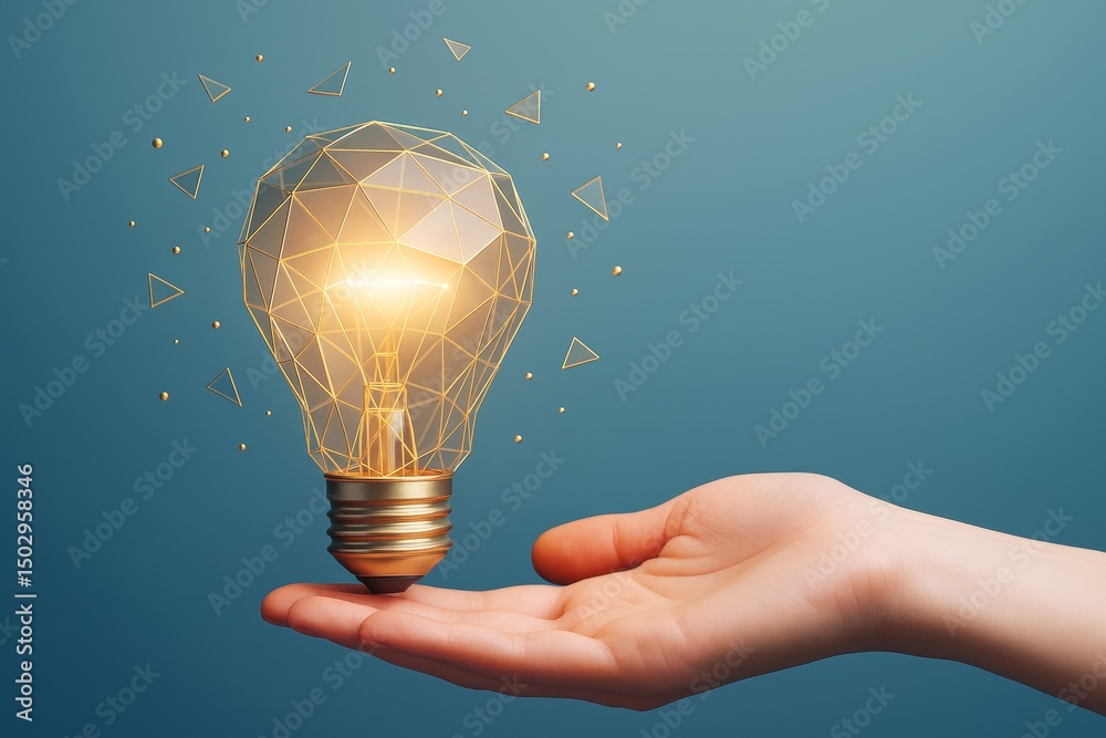 Poster geometric glowing light bulb floating above open hand symbolizing innovation and creative thinking o