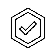 A simple outlined icon of a check mark inside of a hexagon