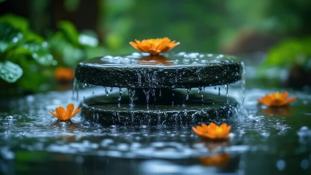 Serene water fountain with cascading water and vibrant orange flowers