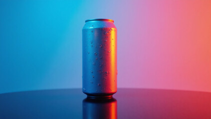 Blank beverage can mockup with condensation and vibrant lighting
