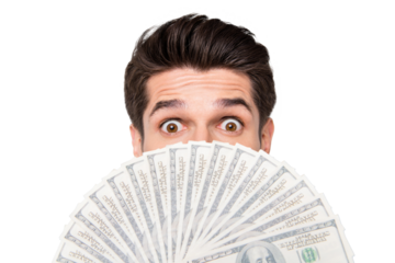 Close up cropped photo of crazy excited man hiding behind fan of money staring into camera not willing to share his way of earning money with you isolated over grey color background