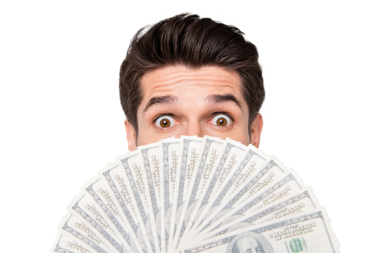 Close up cropped photo of crazy excited man hiding behind fan of money staring into camera not willing to share his way of earning money with you isolated over grey color background