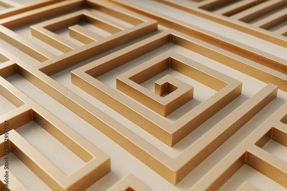 Poster Abstract geometric gold maze pattern in 3D style on light background symbolizing business complexity and creative problem-solving concept.