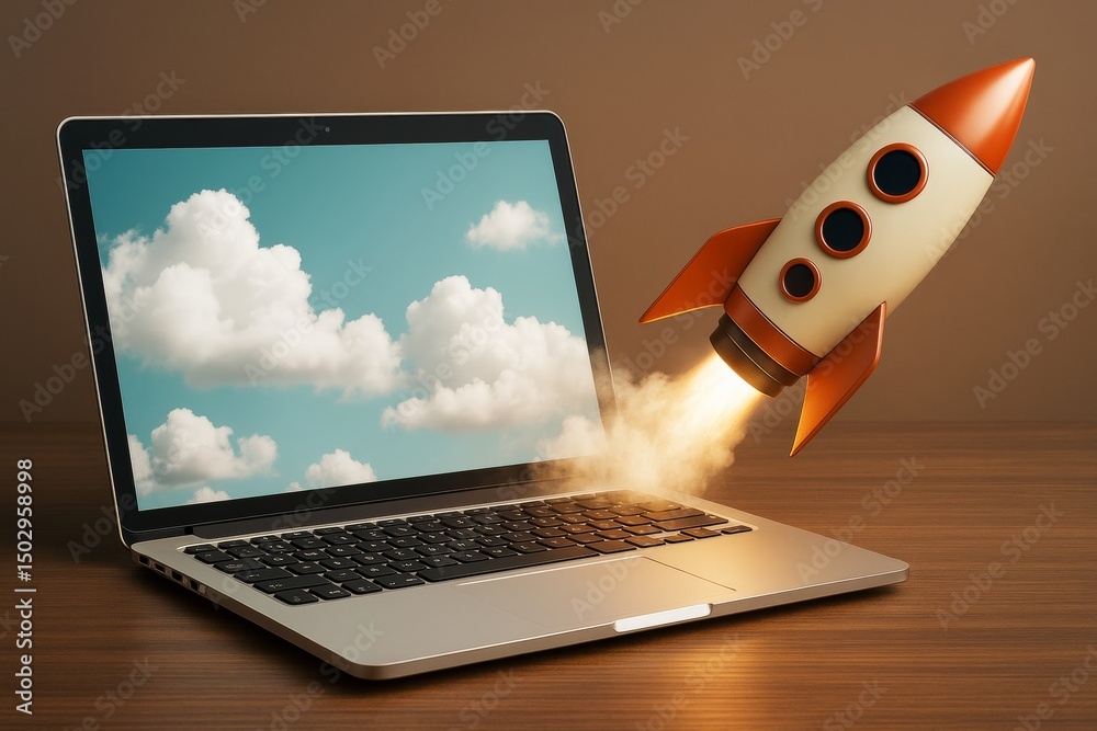 Poster cartoon rocket launching from laptop screen with cloud background on wooden desk, symbolizing startu