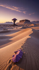 Surreal Purple Desert Landscape with Massive Sand Dunes, Bioluminescent Fungi, and a Distant Mysterious Monolith in a Sci-Fi Fantasy Alien World