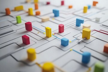 Conceptual network of connections and data flow represented by colorful blocks and pathways