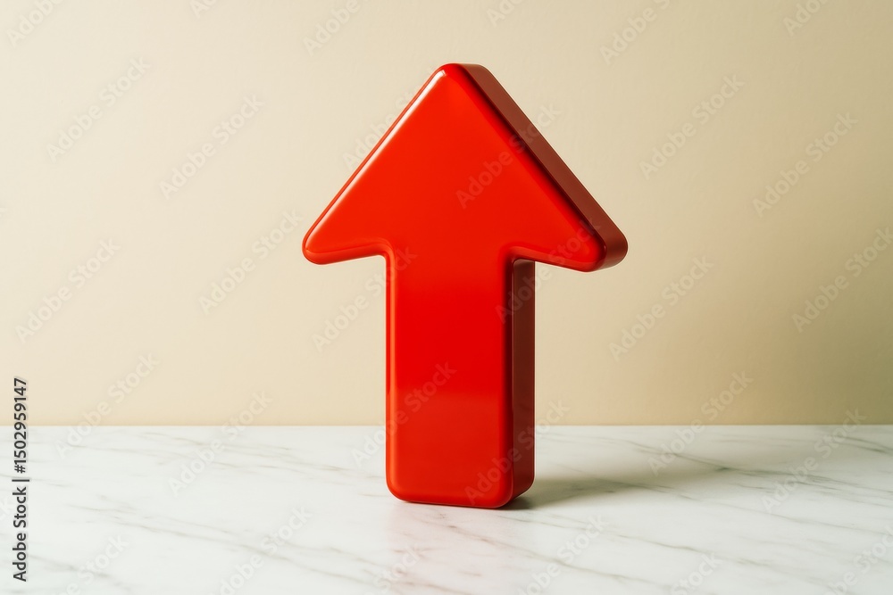 Poster bold red arrow pointing upward symbolizing growth and success on light background, ideal image for b
