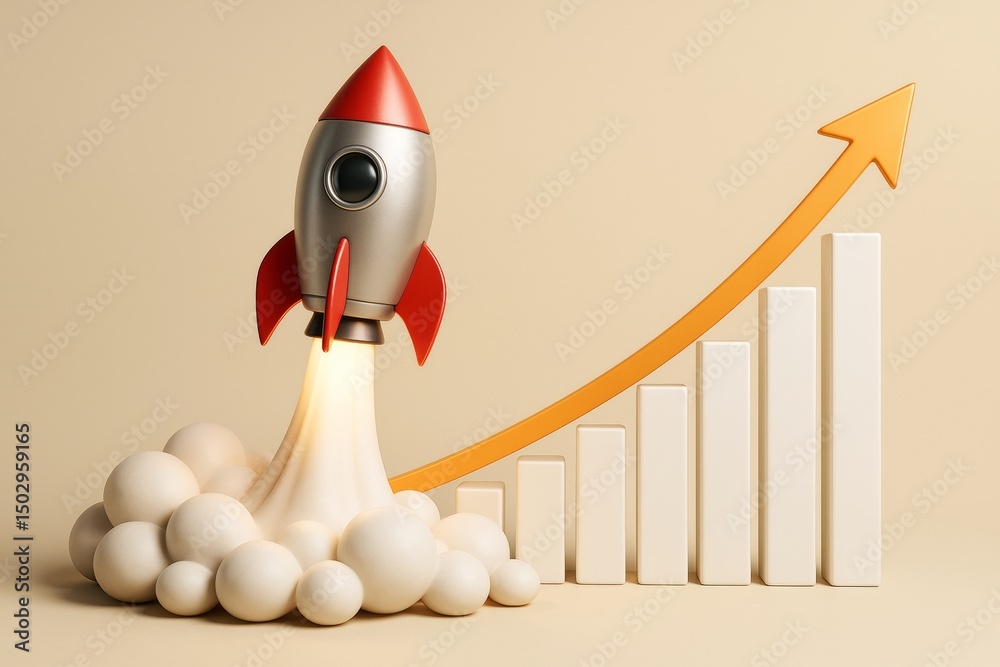 Poster Rocket launch symbolizing business growth with bar chart and upward arrow on light abstract background. Ai generative.
