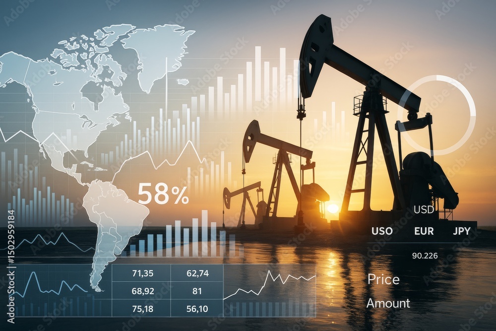 Poster oil pump jacks at sunset with financial graphs and world map overlay illustrating global energy mark