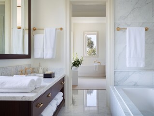 Bright open plan bathroom with marble details and white towels