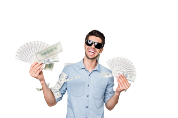 Photo of cheerful ecstatic victorious man having found perfect source of income wearing eyeglasses isolated over grey color background