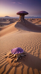 Surreal Purple Desert Landscape with Massive Sand Dunes, Bioluminescent Fungi, and a Distant Mysterious Monolith in a Sci-Fi Fantasy Alien World