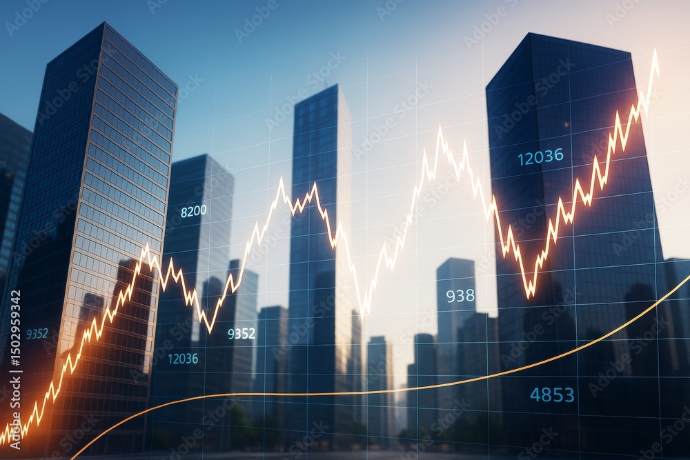 Aufkleber business skyline with financial growth chart overlay and glowing light lines on modern city backgrou