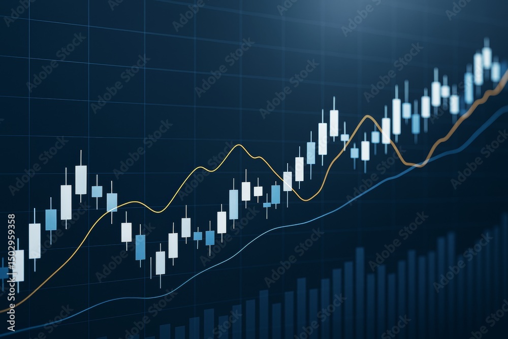 Poster financial candlestick chart with moving averages and bar graph on dark blue background, illustrating
