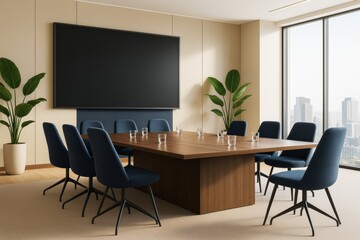 Fototapeta premium Modern business meeting room with wooden table, navy chairs, large screen, and green plants in a bright office with city view background.