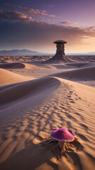 Surreal Purple Desert Landscape with Massive Sand Dunes, Bioluminescent Fungi, and a Distant Mysterious Monolith in a Sci-Fi Fantasy Alien World