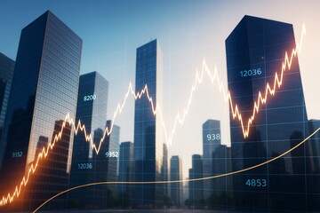 Obraz premium Business skyline with financial growth chart overlay and glowing light lines on modern city background at sunrise. Ai generative.