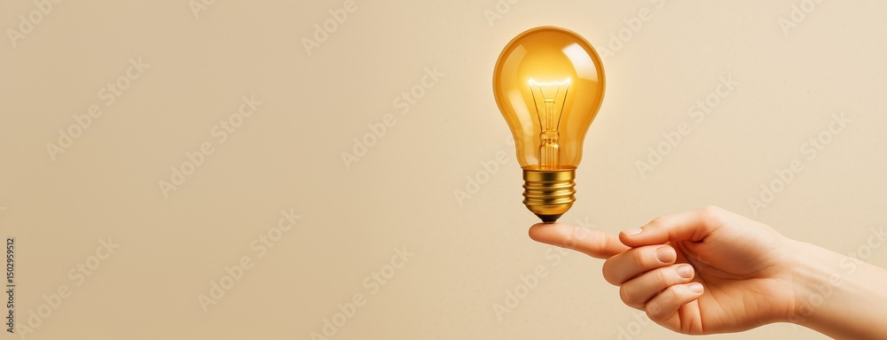 Poster hand balancing glowing light bulb on fingertip with beige background, symbolizing creative business 