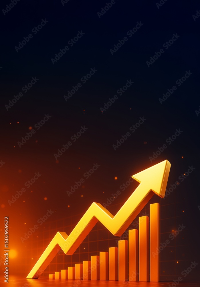 Poster Glowing golden upward arrow and bar chart on dark background symbolizing business growth, success and progress with abstract light effects.