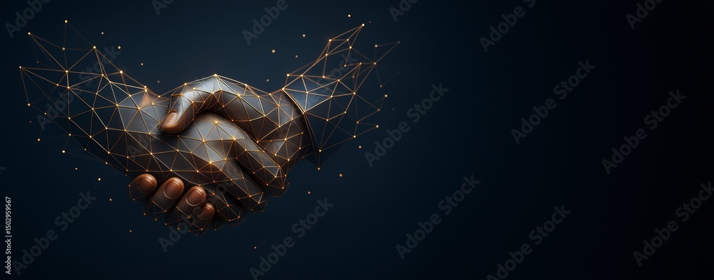 Aufkleber futuristic digital handshake concept with polygonal mesh design on dark background for business prom
