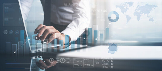Businessman using KPI dashboard. Business data analytics with financial graph report, market research, business planning, strategy and solution, finance and investment
