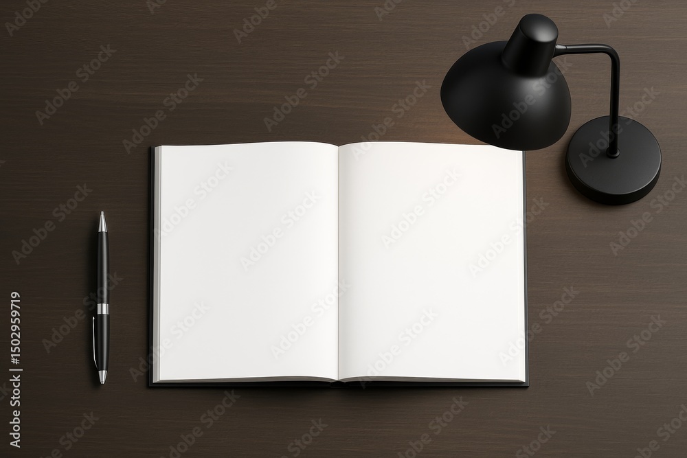 Poster Open blank notebook with black pen and desk lamp on dark wooden surface, minimalist workspace scene from top view, ideal for business design concepts.