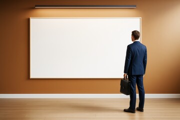 Obraz premium Businessman in formal suit standing in front of large blank poster on wall in office interior with wooden floor and soft lighting setup.