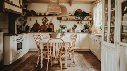 A cozy kitchen with rustic charm and natural elements.