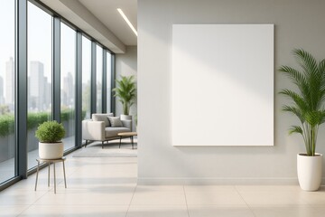 Obraz premium Blank poster mockup on wall in modern bright office interior with plants, furniture, and city view through glass windows. Concept for branding design.