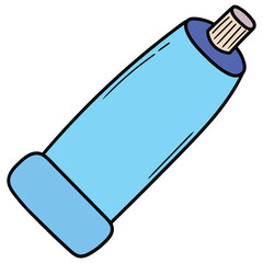 Hand drawn cartoon blue tube of toothpaste on white background.