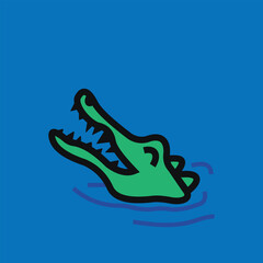 vector illustration of a green crocodile emerging from the water with only its head visible.