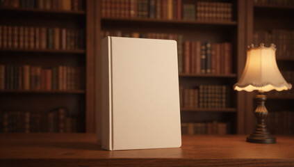 Blank book cover mockup standing on desk in library setting
