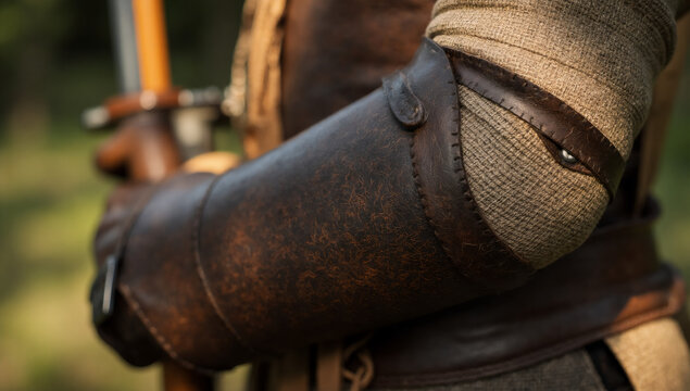 Close up of arm wearing leather bracer and holding a sword