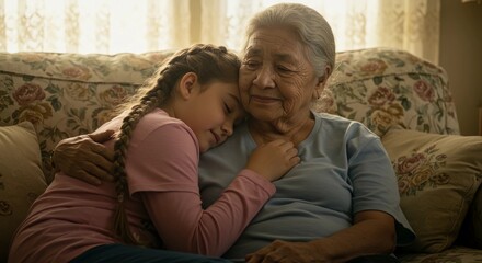 Young girl hugging elderly grandmother on sofa at home