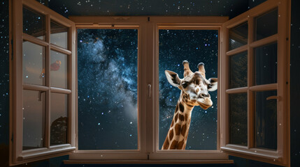 Giraffe looking out window at night sky