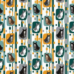 Seamless vector retro pattern with stylized horse heads framed with colored rectangles. Mid-century modern geometric design, perfect for textiles, towels and 2026 Year of the Horse celebrations.