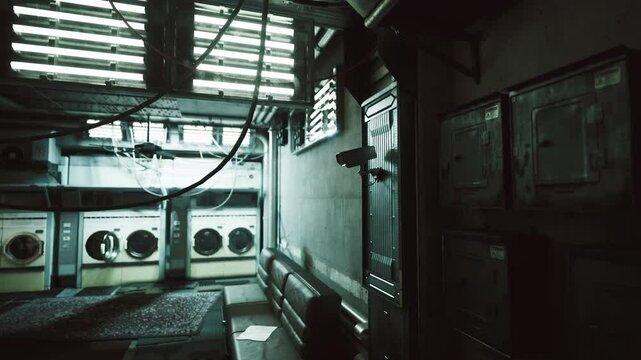 A neglected laundry room reveals old washing machines and tangled cables under flickering lights, creating an eerie atmosphere in an urban buildings basement.
