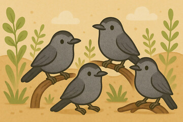 cartoon birds on a branch