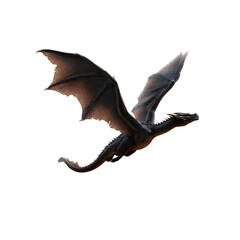 A black dragon with large wings in flight on a transparent background