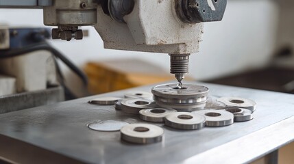 Fototapeta premium Rotary gemstone cutter with used discs and water cooling pipe resting on stainless steel table