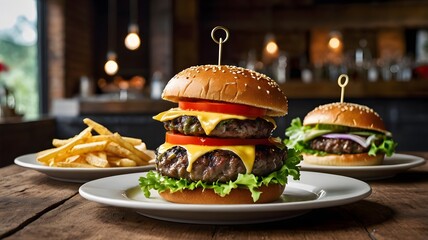 Pulled pork sandwich and hamburgers with fries on a plate of classic fast food