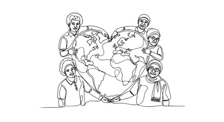 Diverse Group Embracing HeartShaped Earth in SingleLine Art