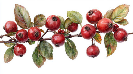 Beautiful watercolor illustration of red berries and green leaves, showcasing nature vibrant colors and intricate details