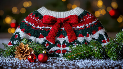 Cozy Christmas sweater with festive patterns, red bow, and decorative elements, perfect for holiday celebrations and gatherings